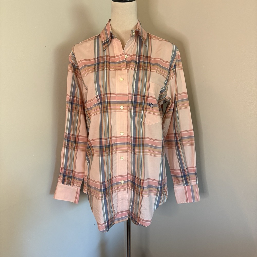VTG Lauren Ralph Lauren Plaid Shirt Womens 6 Pink Blue LRL Cotton Tunic 90s EUC
